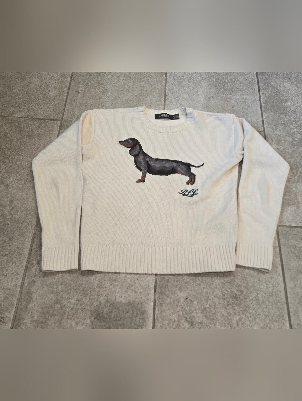 Lauren Ralph Lauren Dachshund Dog Novelty Intarsia Knit Sweater Cream Women XS